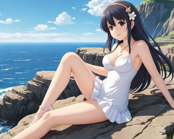 Young Woman on Rocky Ledge Overlooking Ocean景