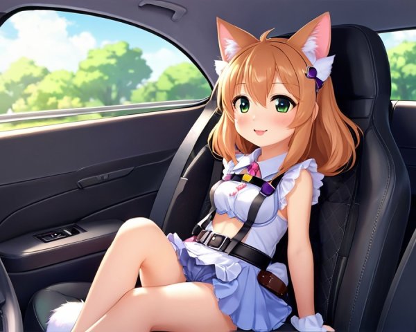 Anime Character with Cat Ears in a Car on Sunny Day