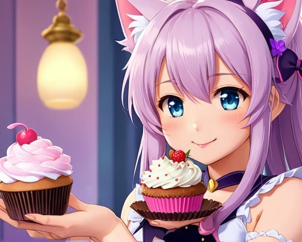 Young girl with lavender hair holding colorful cupcakes