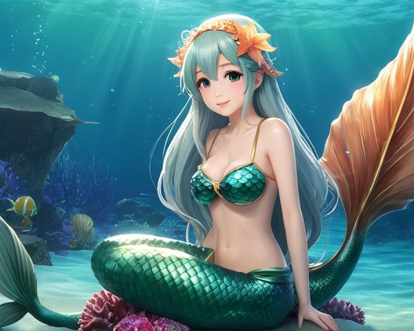 Mermaid in Coral Reefs with Aqua Hair and Green Tail