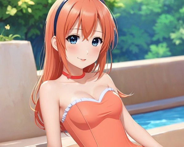 Cheerful Anime Character by a Pool in Summer Setting