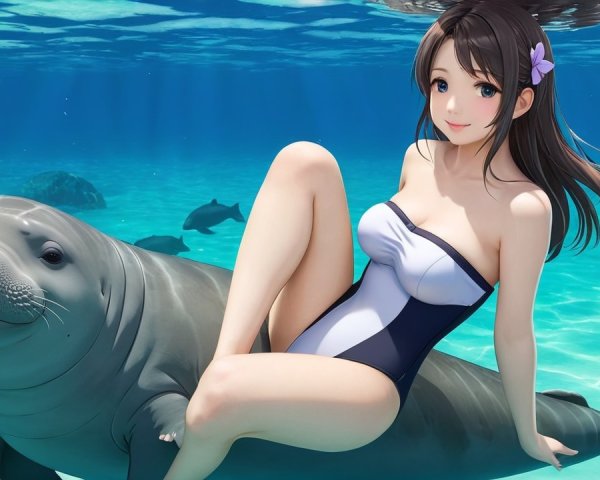 Young woman and sea lion in vibrant underwater scene