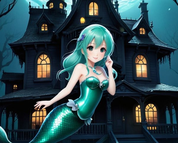 Whimsical Mermaid Scene Near Gothic Mansion