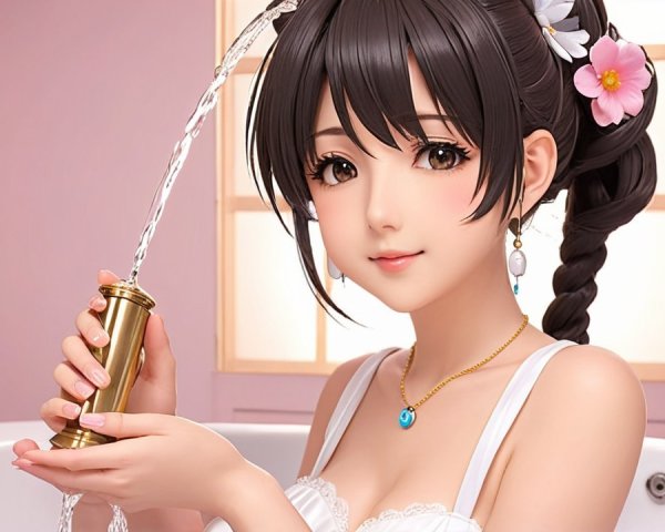 Young woman in cozy bathroom with flowing water