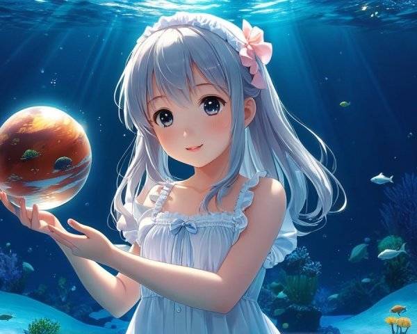 Young girl with silver hair holds glowing orb underwater