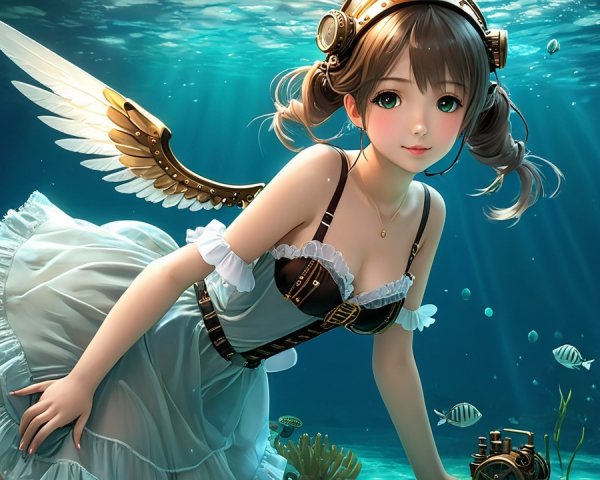 Whimsical Underwater Scene with Winged Girl