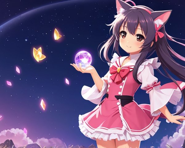 Anime girl with cat ears in starry night scene