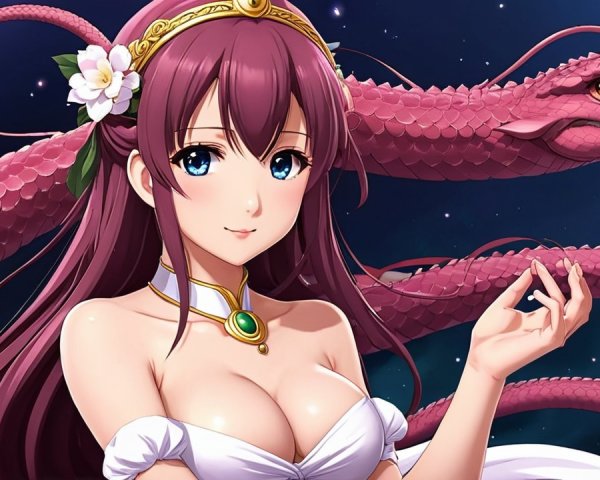 Character with Maroon Hair and Dragon-Like Serpent