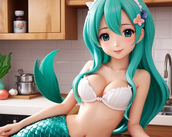 Anime-style mermaid girl in a kitchen setting