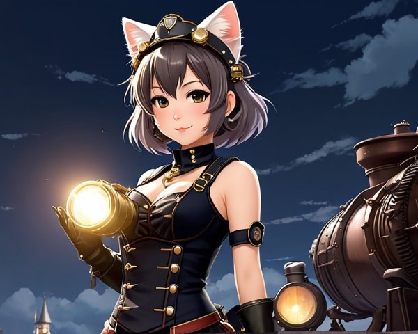 Confident Girl in Steampunk Setting with Flashlight