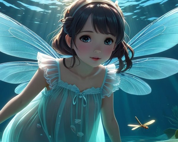 Young girl with fairy wings in serene underwater scene