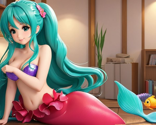 Colorful Cartoon Mermaid in Cozy Interior Setting