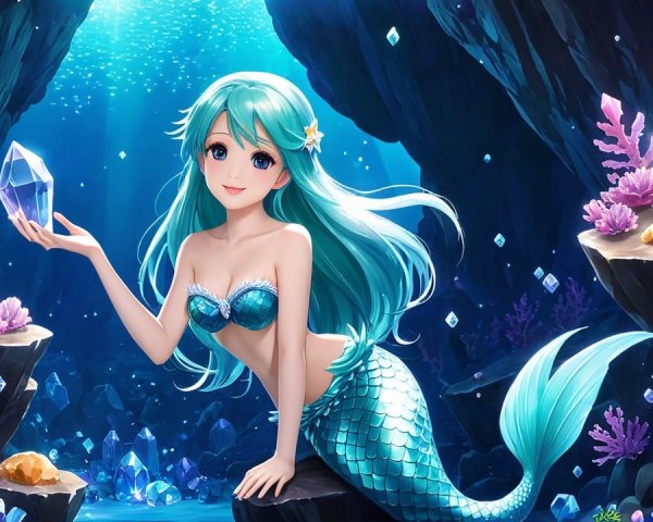 Mermaid in Underwater Cave with Turquoise Hair and Gems