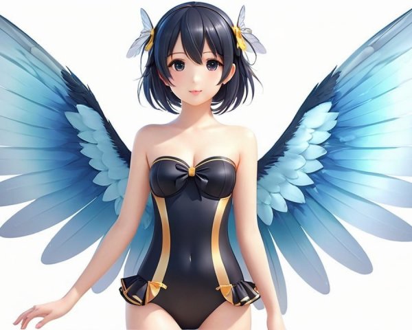 Fantastical character with vibrant wings and swimsuit