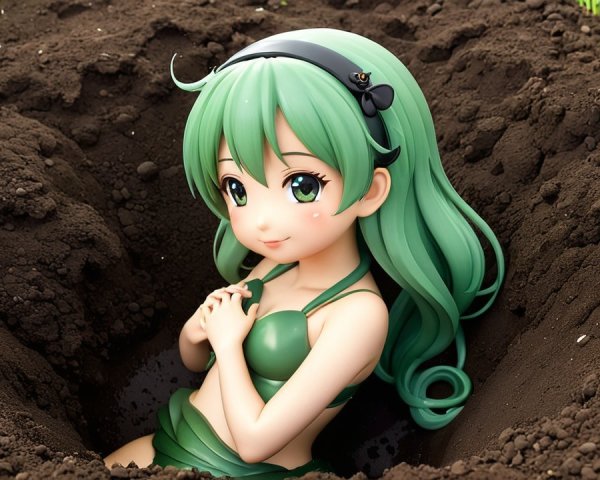 Cute anime character with long green hair in dirt hole