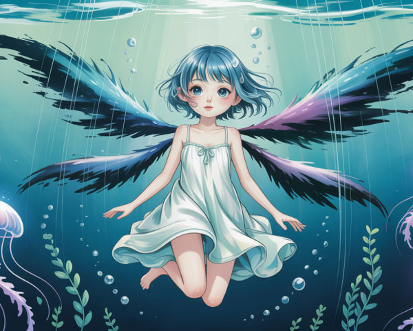Young girl with blue hair and wings in water scene