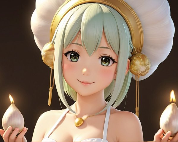 Stylized anime character with green hair and candles