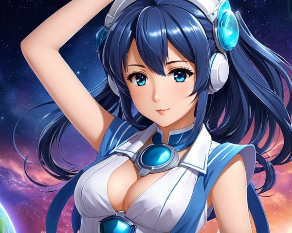 Futuristic female character in cosmic setting