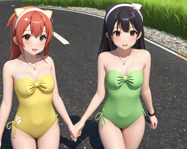 Animated Characters in Bright Swimsuits on a Road