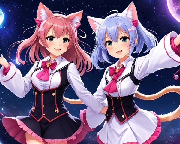 Anime Characters in Cosmic Background with Cat Features