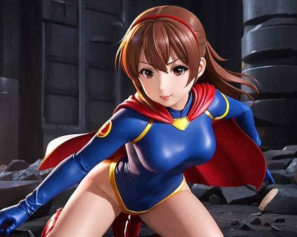Anime-style character in blue and red costume with cape
