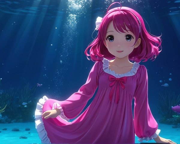 Young girl with pink hair in serene underwater scene
