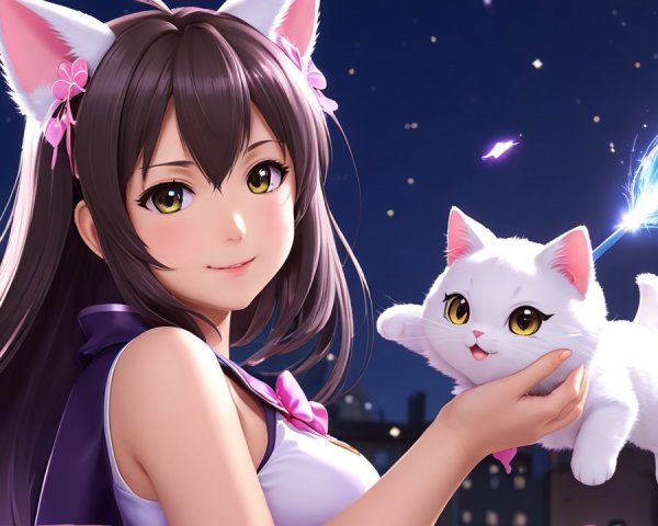Girl with Cat Ears Holding Fluffy White Cat at Night