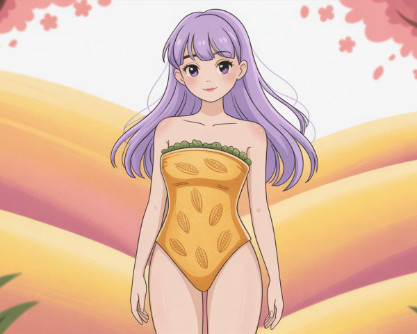 Anime girl in orange swimsuit with purple hair and landscape