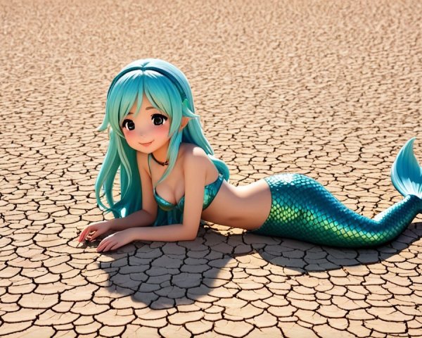 Whimsical Mermaid on Cracked Landscape with Vibrant Colors
