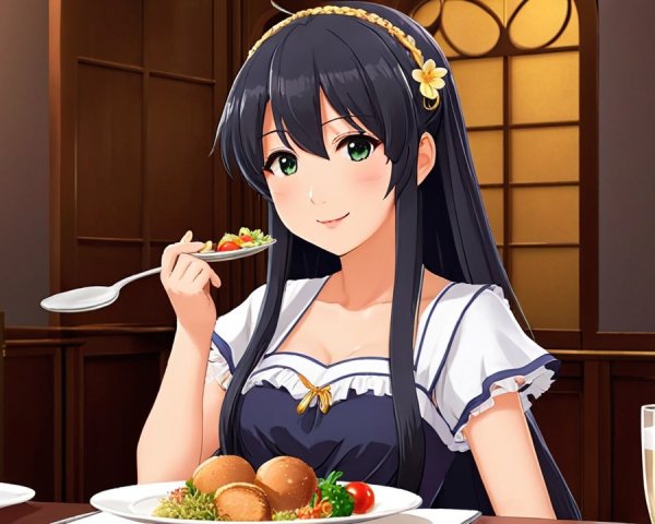 Young Woman at Dining Table with Food and Drinks