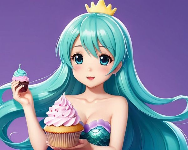 Vibrant anime character with turquoise hair and crown