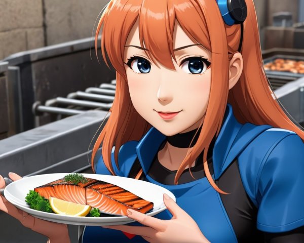 Young Woman in Kitchen with Salmon Dish and Grilling Gear