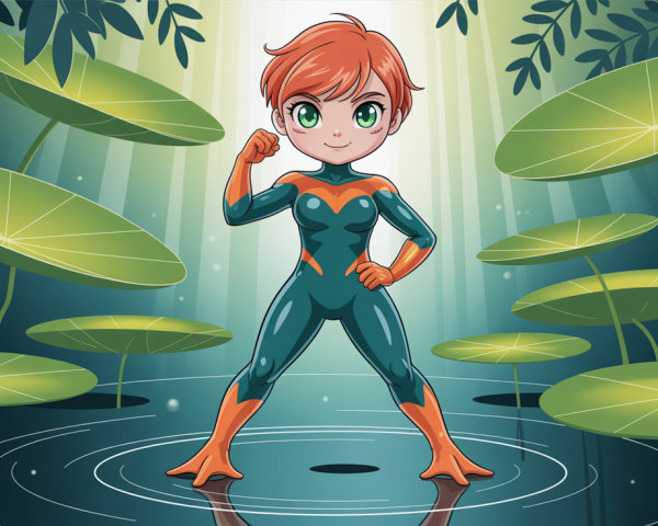 Chibi Superhero in Pond with Lily Pads and Ripples