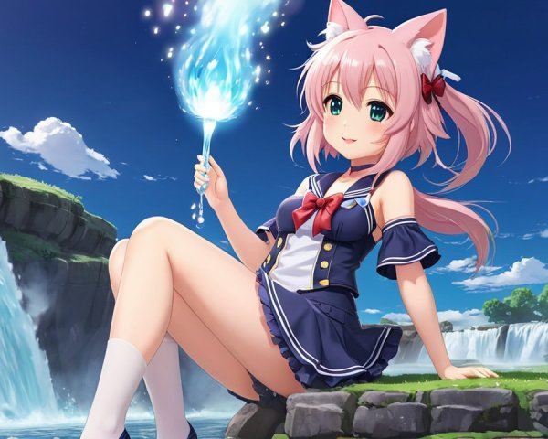 Cheerful anime character by a serene waterfall