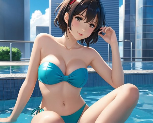 Young Woman in Teal Bikini by Skyscraper Pool
