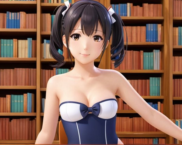Anime Character in Cozy Library with Colorful Books