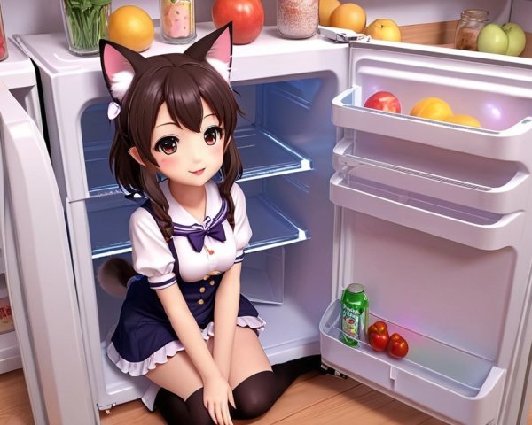 Whimsical Anime Character in a Colorful Refrigerator Scene