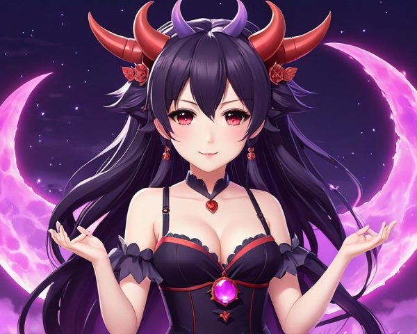 Fantasy Character with Dark Hair and Red Horns