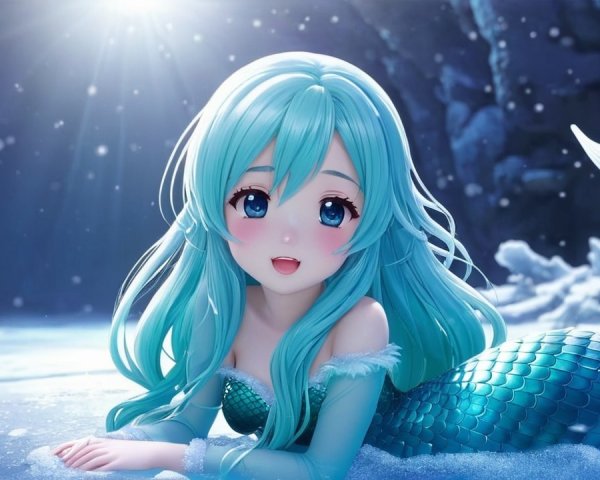 Anime-Style Mermaid in Snowy Underwater Scene