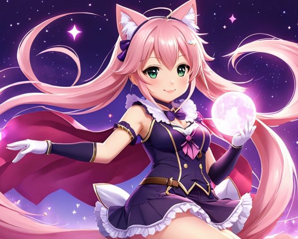 Cute character with pink hair and fox ears in dress