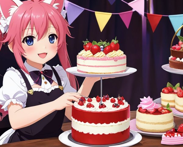 Cheerful Character Arranging Colorful Tiered Cake