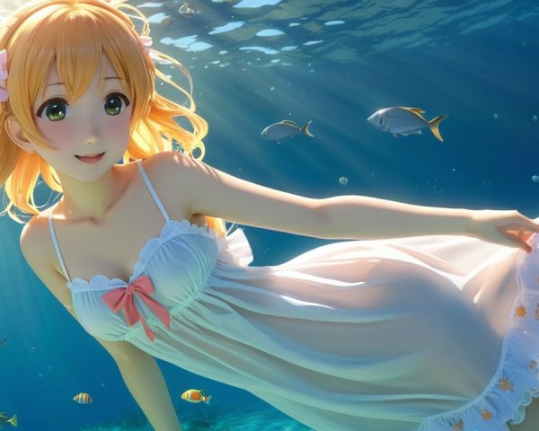 Cheerful animated character swimming in magical waters