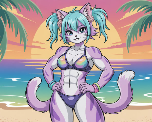 Muscular cat girl in rainbow bikini on a beach at sunset