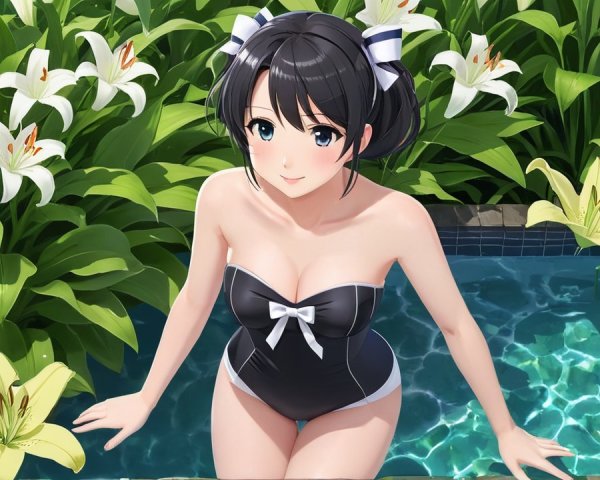 Young woman in black swimsuit by a sparkling pool