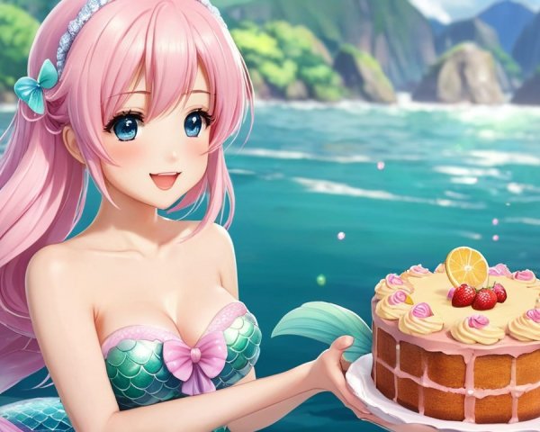 Cheerful mermaid with cake in vibrant ocean setting