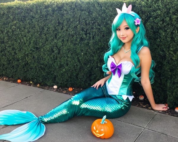 Young woman in vibrant mermaid costume with pumpkin