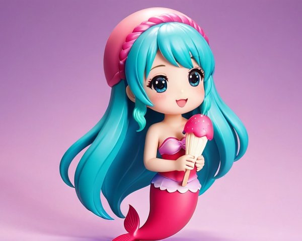Stylized mermaid character with vibrant colors and ice cream