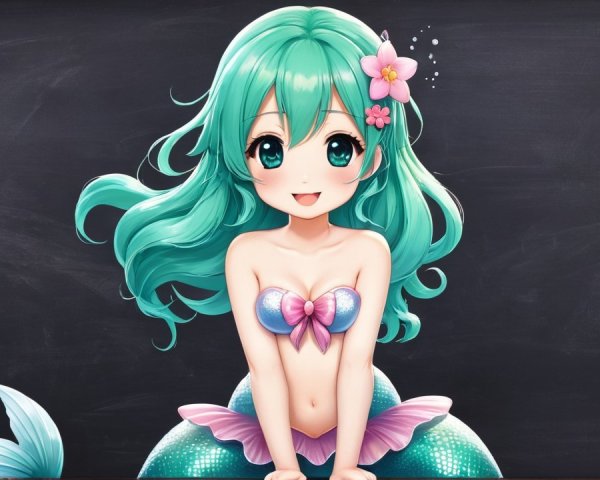 Cheerful Anime Mermaid with Teal Hair and Sparkling Tail