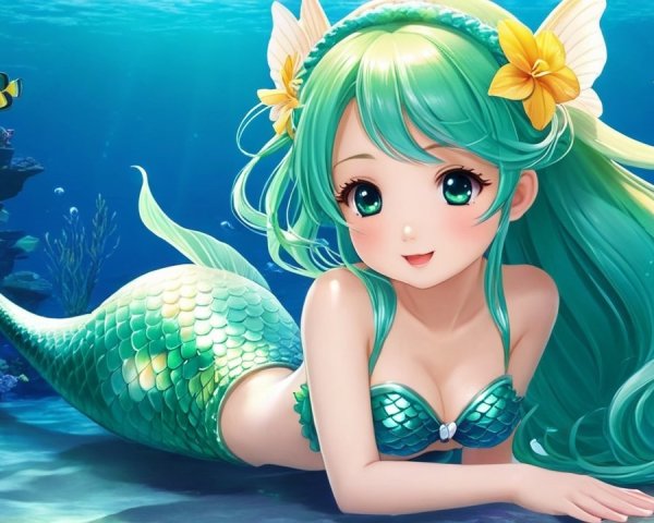 Anime-style mermaid with teal hair and vibrant features