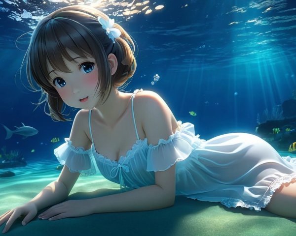Underwater Scene of a Girl in a White Dress